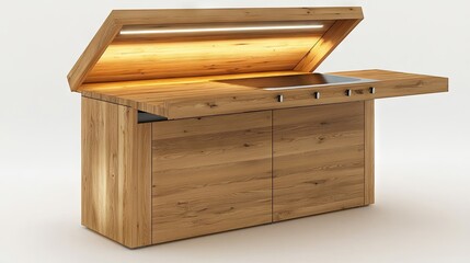 A multifunctional kitchen cabinet that reveals a sleek dining table when opened