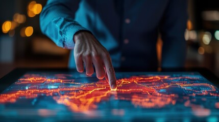Naklejka premium Strategic planning leadership optimization concept. Interactive touchscreen with data visualization and hand gesture.