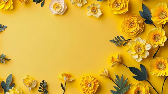 Cheerful yellow floral frames evoke springtime celebrations. Blooms like daffodils and ranunculus create a bright, decorative border