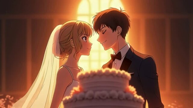 bride and groom on wedding day, gazing into each others eyes, celebrate love during sunset