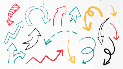 Fototapeta premium Colorful arrows in various styles and directions. Arrows in red, yellow, teal, and black. Curved, straight, and zigzag arrows on a white background. Colorful elements vector set.
