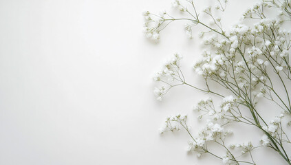 Two white flowers of baby's breath on the right side, on a light background.