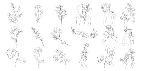 Minimalist floral line art with various flowers and leaves. Includes abstract female figures with flowers. Simple, elegant floral designs. Aesthetic illustrations, vector set.
