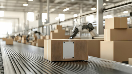 Automated Conveyor Belt With Cardboard Boxes In Modern Factory