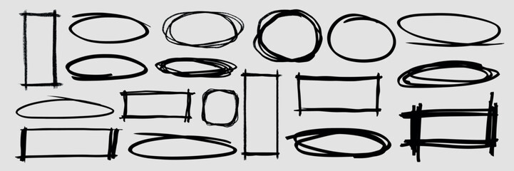 Collection of hand-drawn black shapes: circles, ovals, rectangles. Sketchy circles, sketchy ovals, sketchy rectangles. Artistic black shapes on gray background. Hand drawn doodle frames, vector set.
