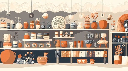 A charming flat illustration for National Handmade Day, showcasing a rustic market stall with handmade ceramics, fabric dolls, and embroidered textiles, all beautifully displayed. The earthy color
