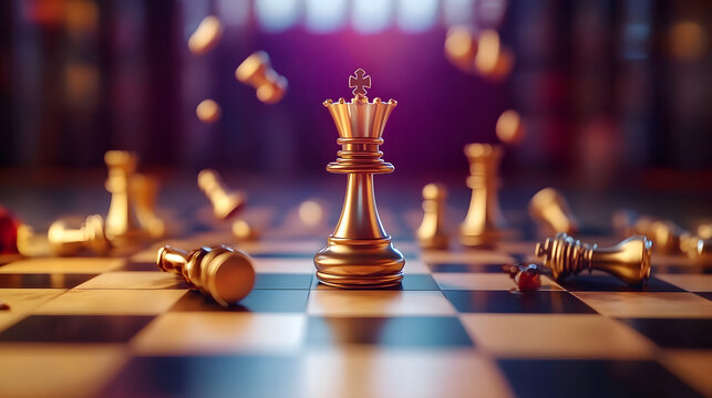 Strategy's Crown: A solitary golden chess king stands victorious amidst fallen pieces on a checkered board. The image captures the essence of strategy and leadership