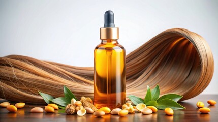 Fototapeta premium A golden oil bottle surrounded by hair and natural ingredients, emphasizing beauty and hair care.