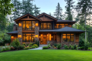 Modern Suburban Home in Forested Setting with Lush Landscaping and Illuminated Windows