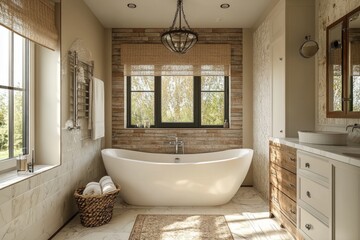 Elegant bathroom showcasing a freestanding bathtub, rustic wood vanity, and brick wall, creating a luxurious and relaxing atmosphere