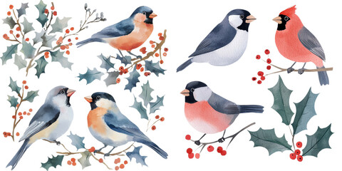 Watercolor bullfinches sitting on a branch are showcased on a white isolated background, ideal for a winter holiday card design
