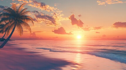 A vibrant tropical beach scene with palm trees silhouetted against a glowing sunset over the ocean
