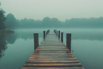 Fototapeta premium A tranquil wooden pier stretches into a misty lake at dawn, inviting stillness and reflection