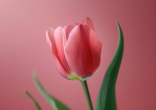 Close-up of a pink tulip against a soft pink background.
