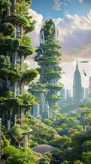 Futuristic cityscape with eco-friendly buildings and sky gardens, 3d render