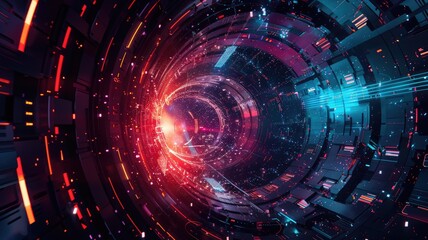 Fototapeta premium A vibrant and abstract digital space illustration featuring colorful lights and intricate patterns, representing futuristic technology and data visualization.