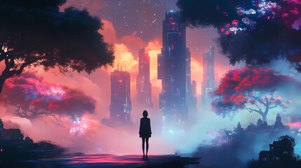 Create a surreal illustration of a team leader standing in front of a dreamy, futuristic cityscape with vibrant, pastel colors. Incorporate elements of nature, such as flowers and trees