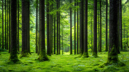 Fototapeta premium Dense Forest with Sunlight Streaming Through Green Canopy and Mossy Ground