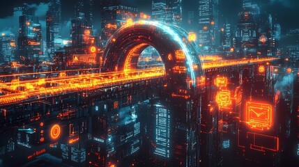 Surrealism illustration for Monetization Strategy, showcasing a bridge made of glowing coins and digital icons, connecting a traditional marketplace to a futuristic digital economy