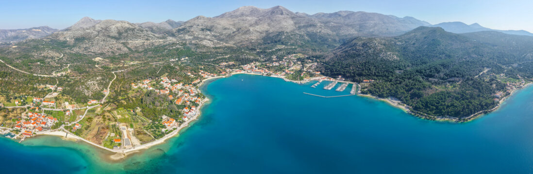 Aerial panorama of Adriatic coastline near a small town Slano, Dalmatia region, Croatia