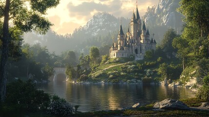 Majestic castle on mountain surrounded by peaks and mist