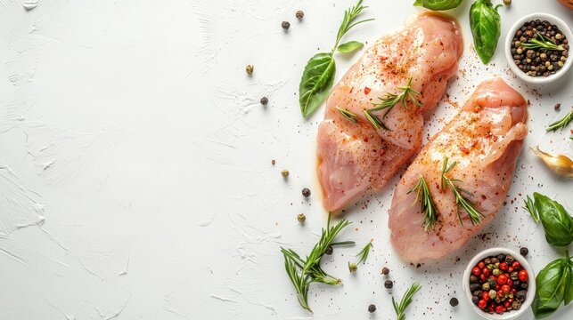 Fresh raw chicken with spices isolated on white background 