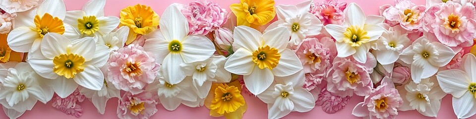 Fototapeta premium Beautiful Spring Floral Background, Flat Lay of Pink Hyacinths and White Narcissus Blooms on Pink