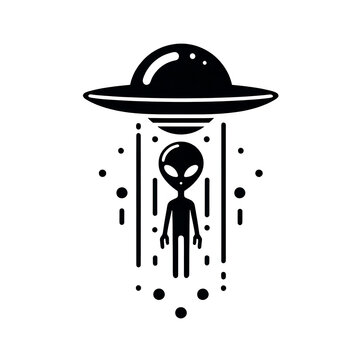 Isolated black and white vector illustration of a symbolic UFO and alien on a white background.
