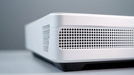 White Modern Projector with Geometric Design on Gray Background