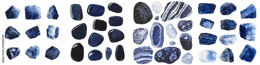 Aufkleber dark blue watercolor shapes and dots arranged on an isolated white background create abstract indigo