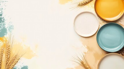 Minimalist bohemian flat design for World Hunger Day, featuring abstract elements like empty plates, wheat stalks, and a globe, with a harmonious blend of warm yellows