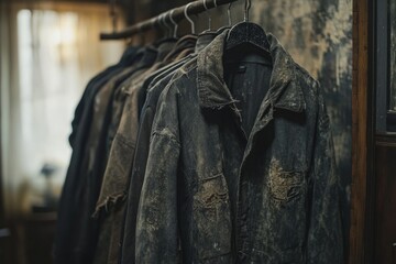 Fototapeta premium Worn and torn work jackets covered in dust hanging in a desolate factory locker room, evoking a sense of abandonment and past industry