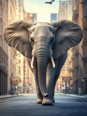 Large elephant walking down a city street