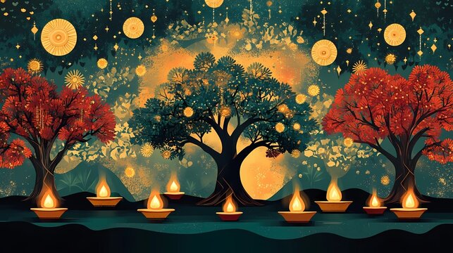Savitri Amavasya celebration in bohemian flat illustration style, showcasing a variety of traditional elements like banyan trees, diyas, and sacred threads, with a unique and harmonious color palette 