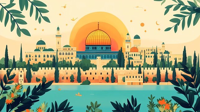 Bohemian flat illustration of Jerusalem Day, featuring a creative layout of iconic landmarks, cultural patterns, and olive branches, with a harmonious blend of vibrant and muted tones