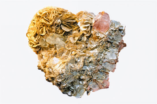 yellow mineral siderite crystal cluster isolated on a white background, with AI help