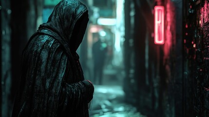 Fototapeta premium Mysterious Figure in a Cyberpunk Alleyway