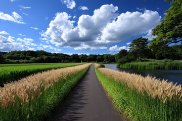 Obraz premium A narrow road lined with tall golden wheat fields, swaying gently in the afternoon breeze