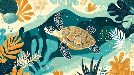 World Turtle Day celebration in bohemian flat illustration style, showcasing a variety of turtle-related elements like shells, ocean waves, and tropical plants, with a unique and harmonious color 
