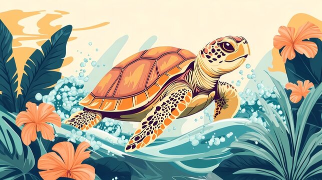 World Turtle Day celebration in bohemian flat illustration style, showcasing a variety of turtle-related elements like shells, ocean waves, and tropical plants, with a unique and harmonious color 