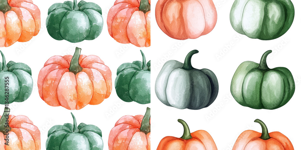 Poster an autumn pattern is seamlessly designed with multicolored pumpkins in watercolor