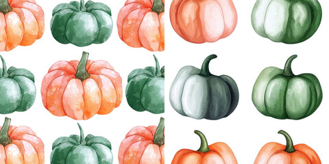 An autumn pattern is seamlessly designed with multicolored pumpkins in watercolor