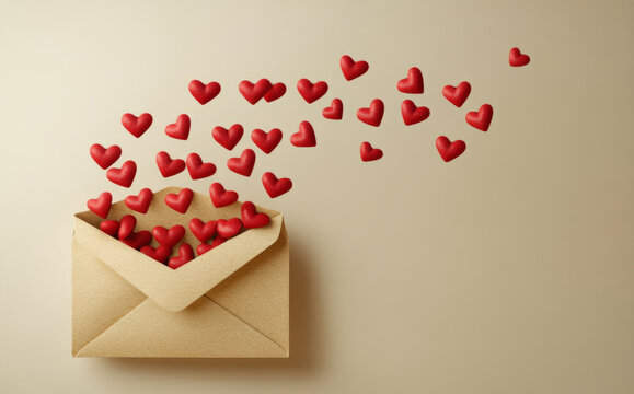 Red hearts flying out of an open envelope on a beige background, symbolizing sending love and affection