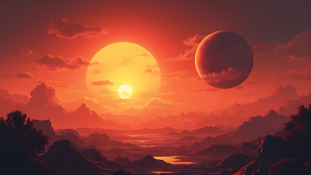 A sunset on Mars. Ultrarealistic colorful illustration. Stunning cosmic landscape art. Celestial beauty at twilight.