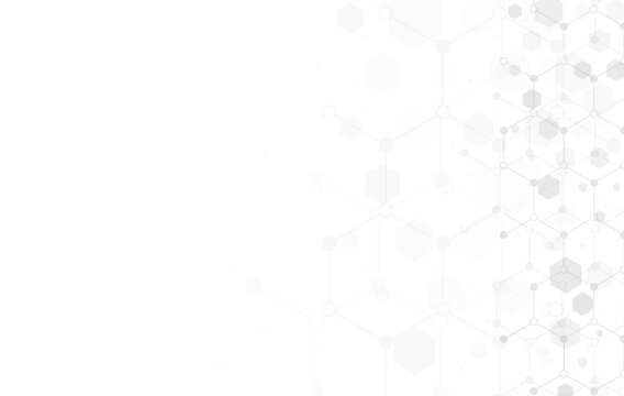Hexagons pattern on white background. Genetic research, molecular structure. Chemical engineering. Concept of innovation technology.