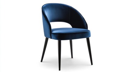 Fototapeta premium Modern navy blue velvet dining chair, isolated, studio shot