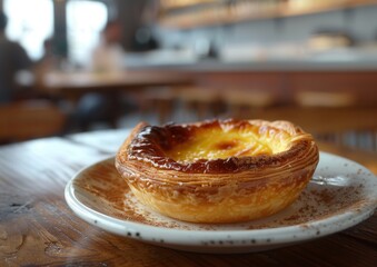 Delicious egg tart on a rustic wooden table in a café.