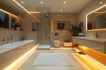 Obraz premium Modern bathroom showcasing warm led lighting, a bathtub, shower, toilet, sink, and stylish decor