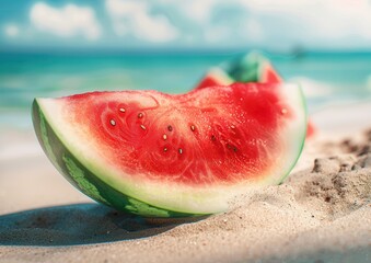 Juicy watermelon slice on sandy beach under bright sun.