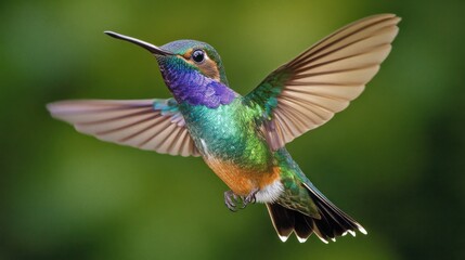 Fototapeta premium Vibrant hummingbird in flight against a blurred green background. Possible use Nature, wildlife, bird, beautiful, stunning